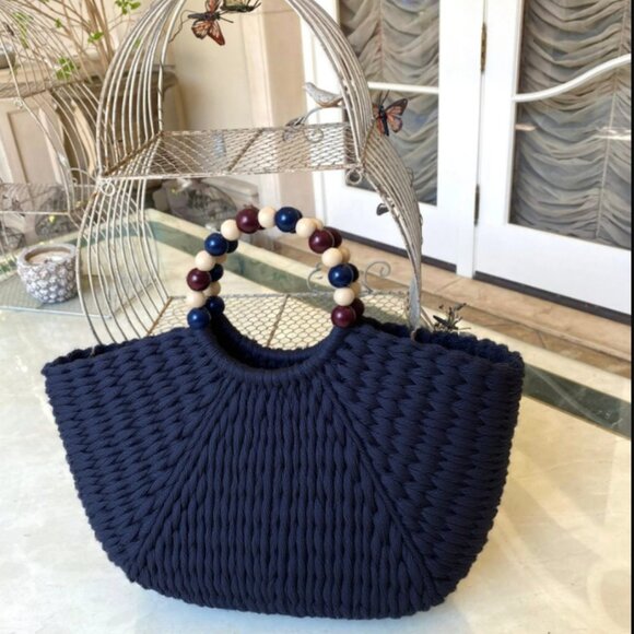 Handmade Woven Straw Bag with Wooden Bead Handles | Vacation Beach Bag| Gift - Picture 9 of 10